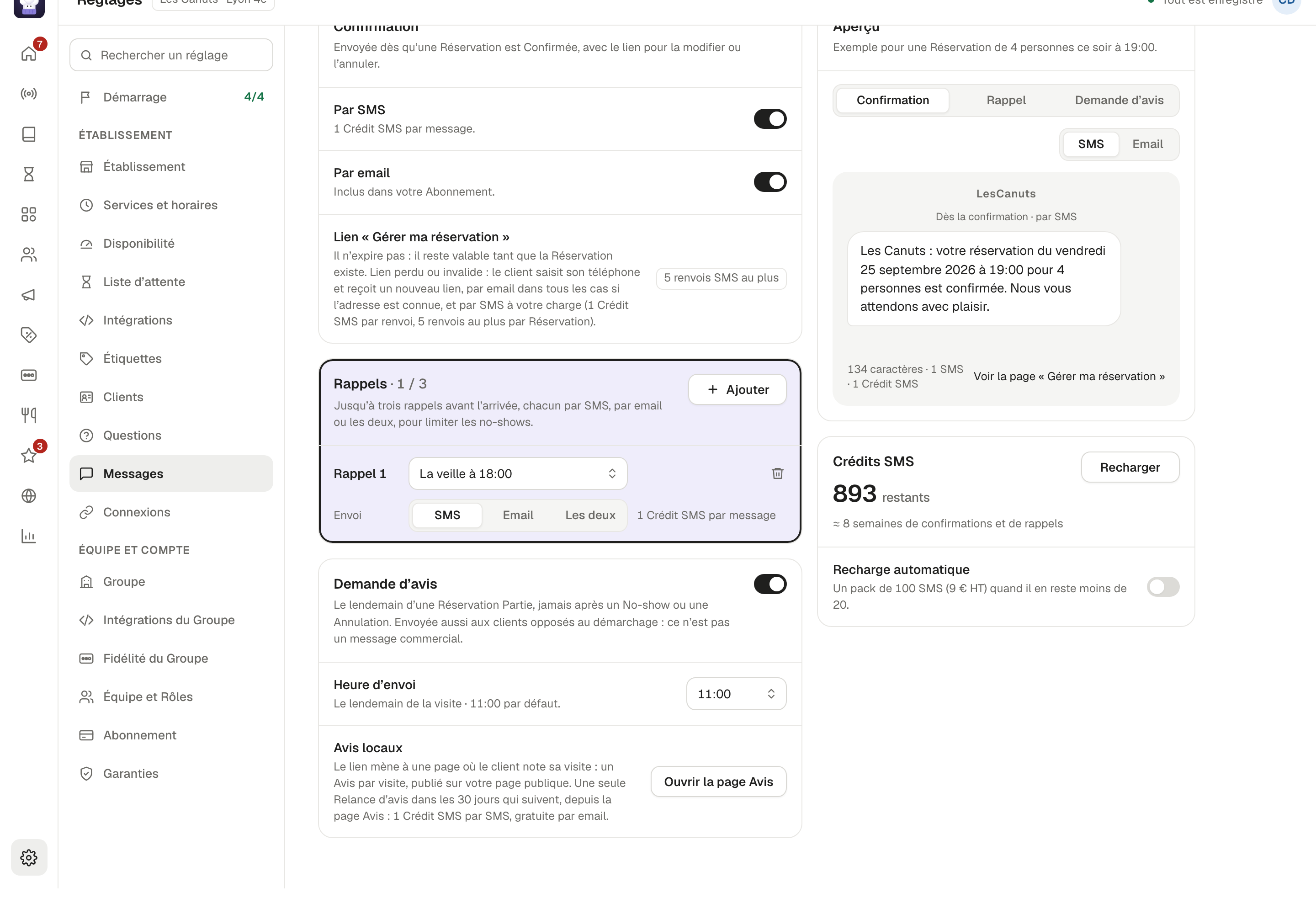 Réglages › Messages dans Toquy : la section Rappels montre « Rappel 1 », la veille à 18:00, envoyé par SMS, à côté de l’aperçu du message et du solde de Crédits SMS.