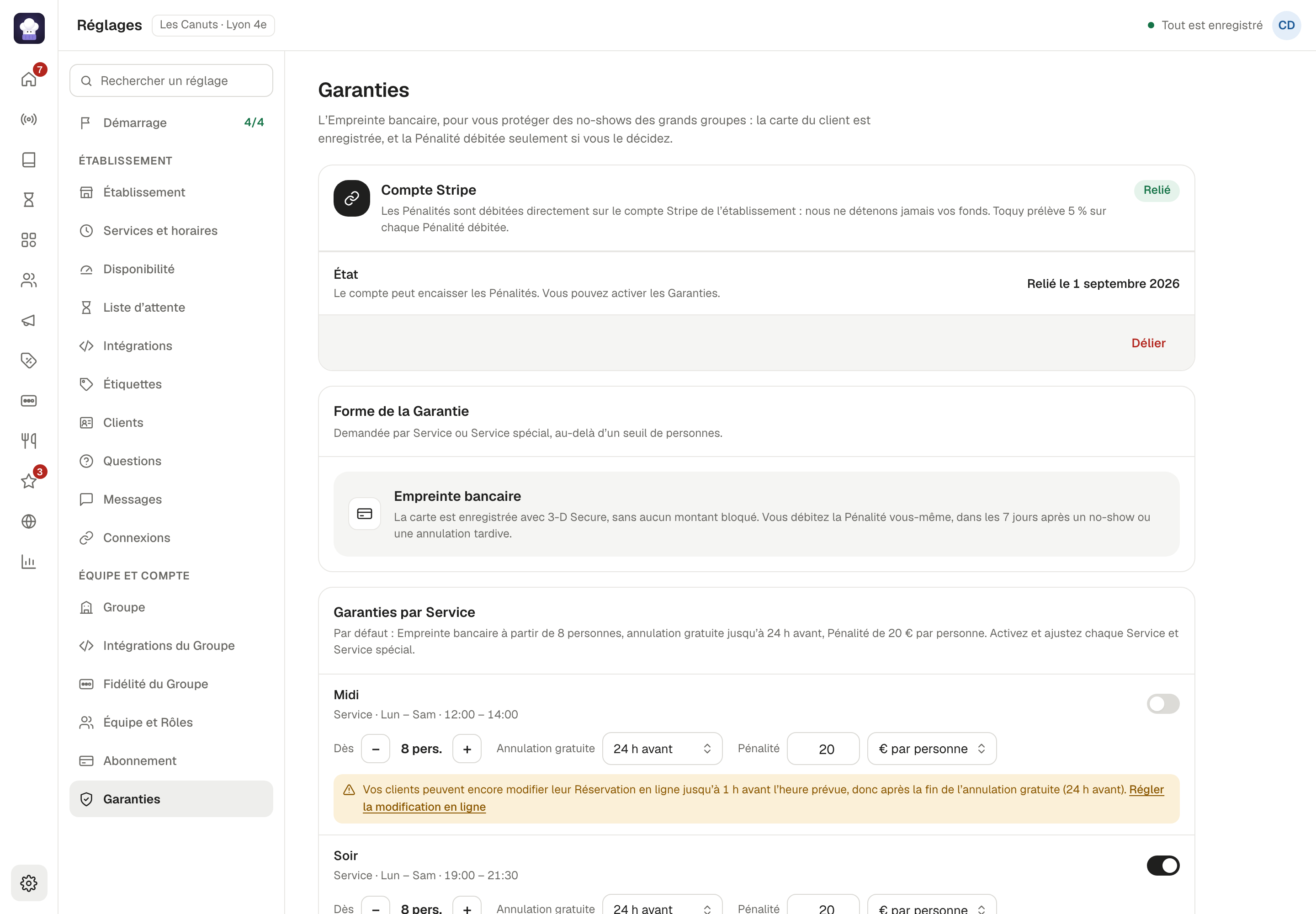 Écran Réglages › Garanties de Toquy : le compte Stripe relié, l’Empreinte bancaire, et pour chaque Service le seuil de 8 personnes, l’annulation gratuite 24 h avant et la Pénalité de 20 € par personne.