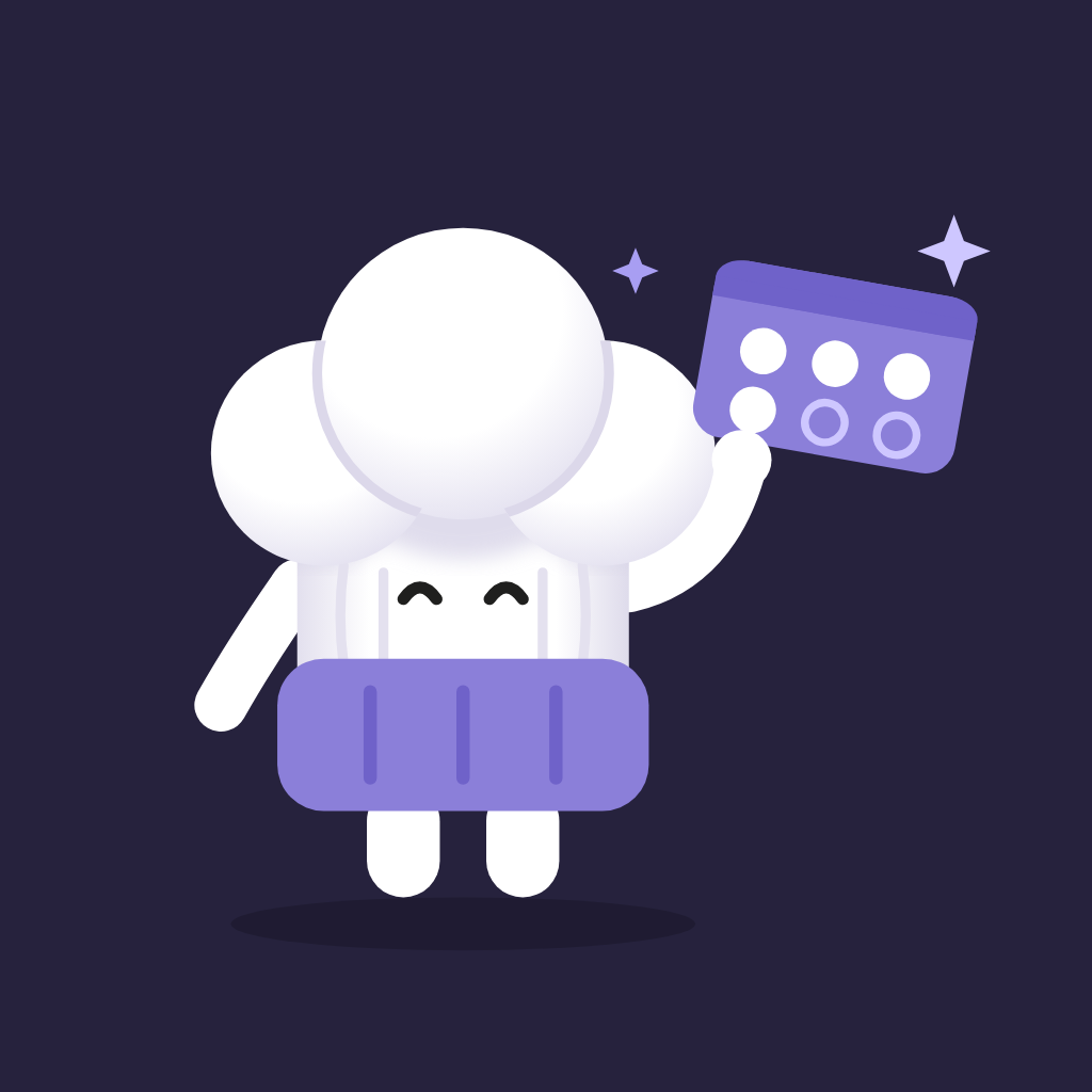 Toquy, la toque mascotte de Toquy, brandit une carte de fidélité violette à tampons, quatre tampons remplis sur six.