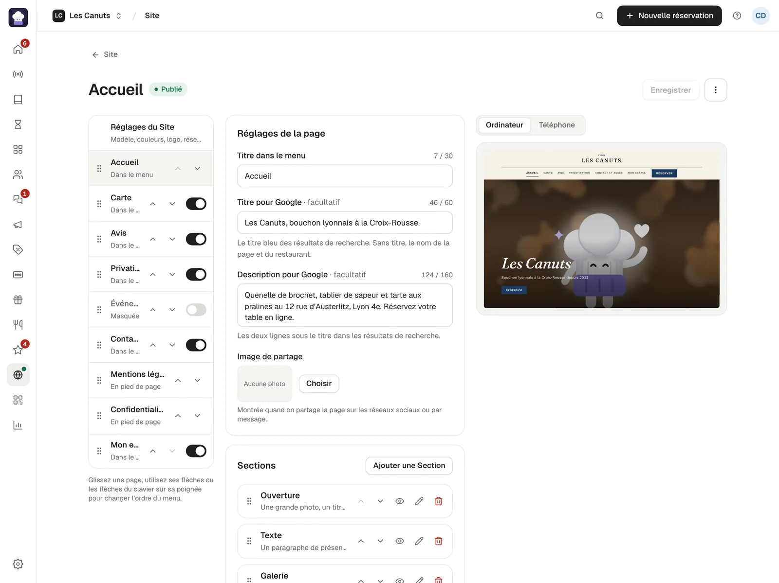 L’éditeur du Site de Les Canuts : à gauche les pages du Site, Mentions légales et Confidentialité en pied de page ; au centre la page Accueil, avec son Titre pour Google « Les Canuts, bouchon lyonnais à la Croix-Rousse » et sa Description pour Google ; à droite l’aperçu.